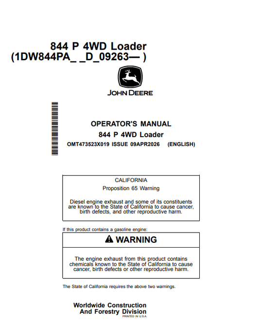JOHN DEERE 844 P 4WD LOADER OPERATOR MANUAL OMT473523X019