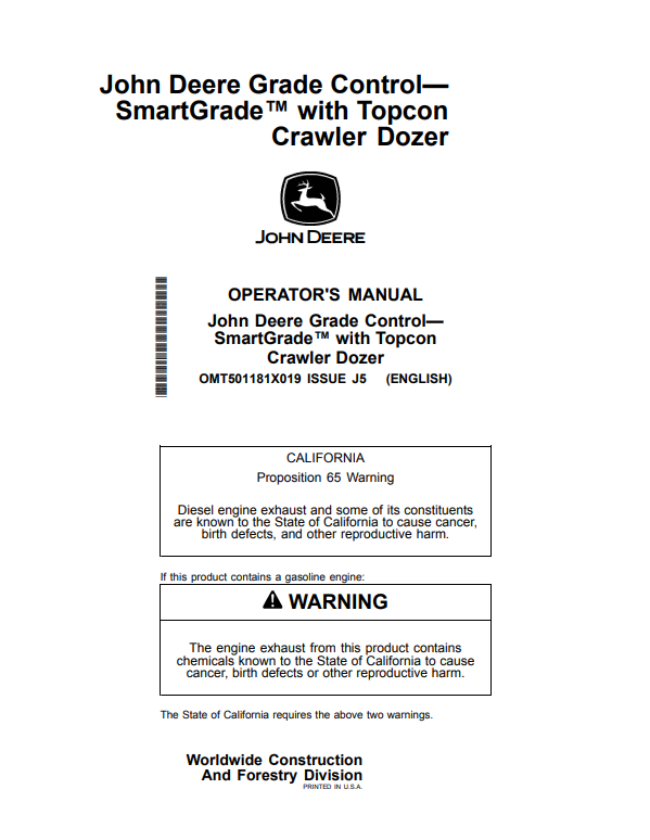 JOHN DEERE 450 P, 550 P, 650 P, 700 P, 750 P, 850 P, 850 X CRAWLER DOZER OPERATOR MANUAL OMT501181X019