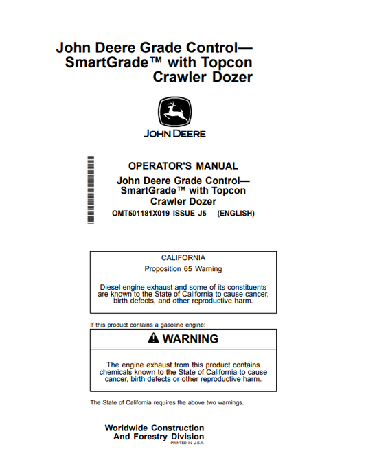 JOHN DEERE 450 P, 550 P, 650 P, 700 P, 750 P, 850 P, 850 X CRAWLER DOZER OPERATOR MANUAL OMT501181X019