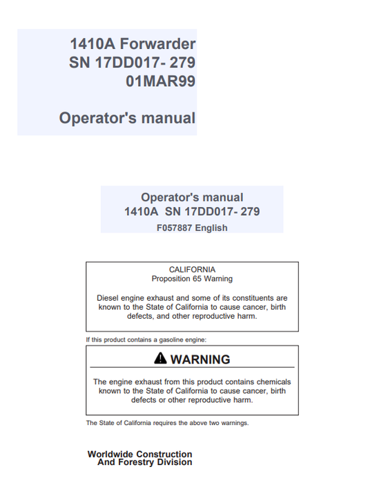 JOHN DEERE 1410A FORWARDER OPERATOR MANUAL F057887