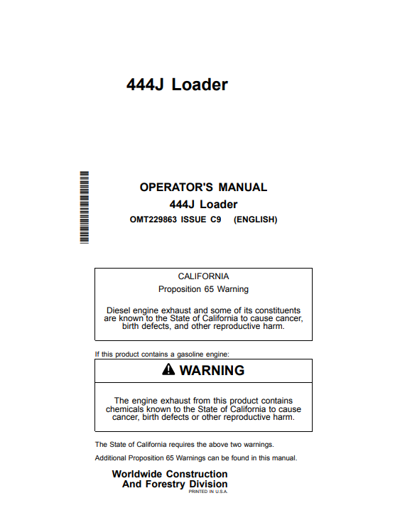 JOHN DEERE 444J LOADER OPERATOR MANUAL OMT229863