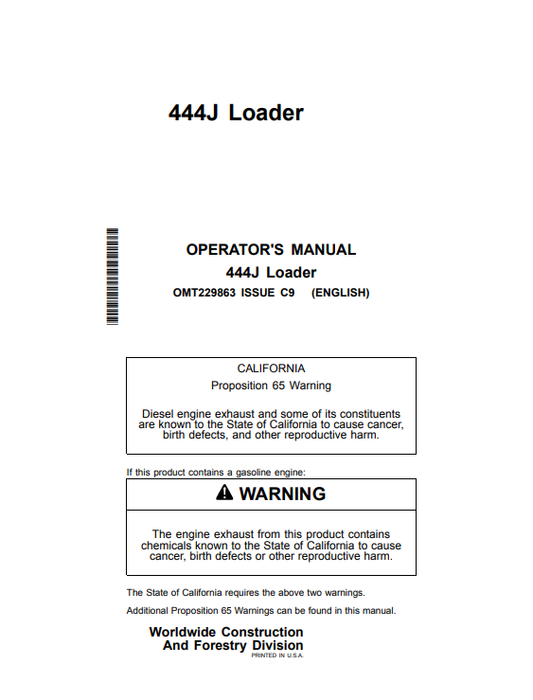 JOHN DEERE 444J LOADER OPERATOR MANUAL OMT229863