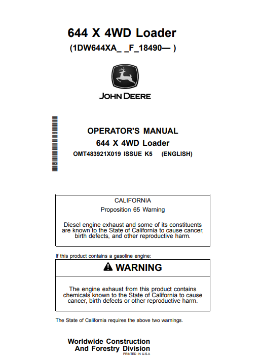 JOHN DEERE 644 X 4WD LOADER OPERATOR MANUAL OMT483921X019