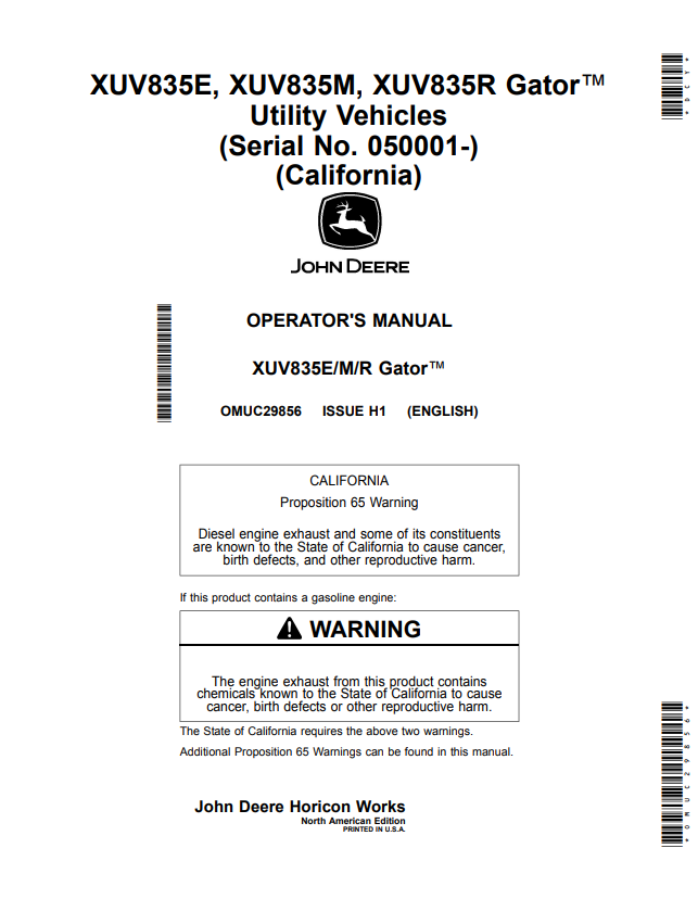 JOHN DEERE XUV835E, XUV835M, XUV835R GATOR™ UTILITY VEHICLES OPERATOR MANUAL OMUC29856