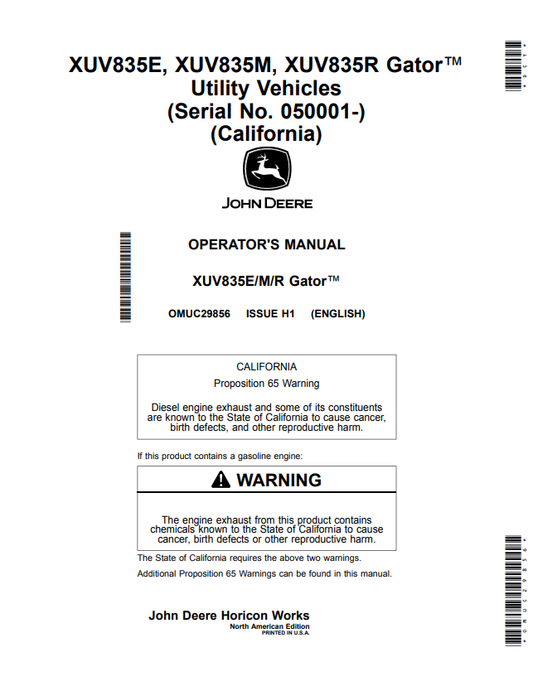 JOHN DEERE XUV835E, XUV835M, XUV835R GATOR™ UTILITY VEHICLES OPERATOR MANUAL OMUC29856