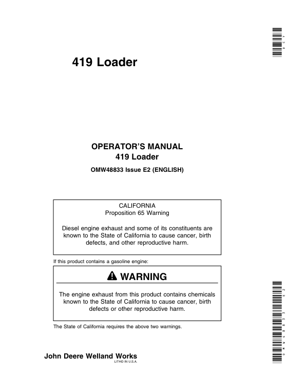 JOHN DEERE 419 LOADER OPERATOR MANUAL OMW48833