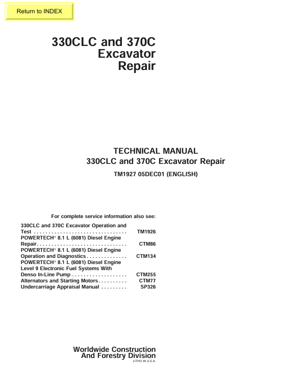 JOHN DEERE 330CLC AND 370C EXCAVATOR REPAIR TECHNICAL MANUAL TM1927