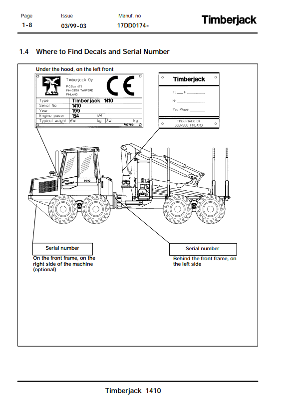 JOHN DEERE 1410A FORWARDER OPERATOR MANUAL F057887