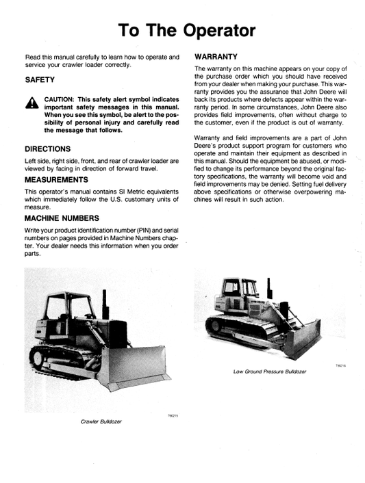 JOHN DEERE 850 CRAWLER BULLDOZER AND LOW GROUND PRESSURE BULLDOZER OPERATOR MANUAL OMT76787