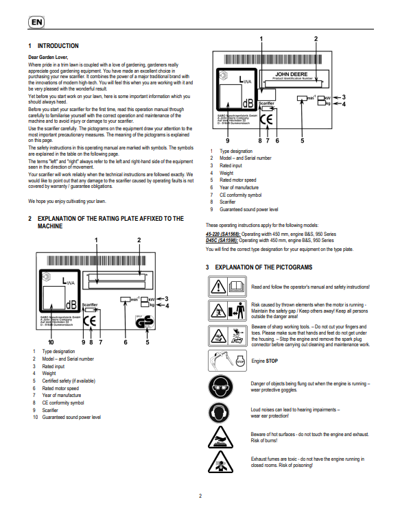 JOHN DEERE 45-220, D45C SCARIFIERS OPERATOR MANUAL SAU14750