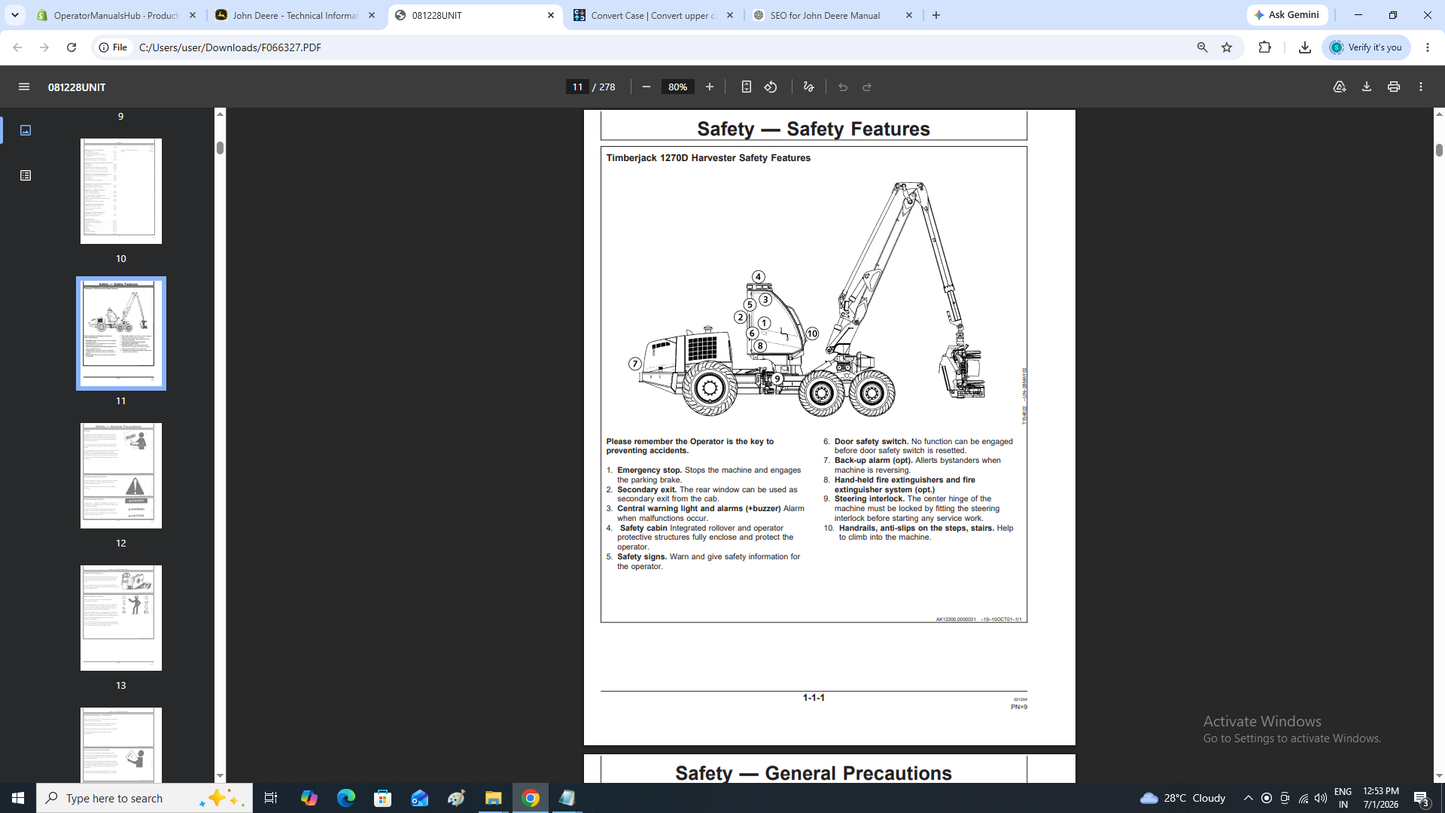 JOHN DEERE 1270D HARVESTER OPERATOR MANUAL OMF066327