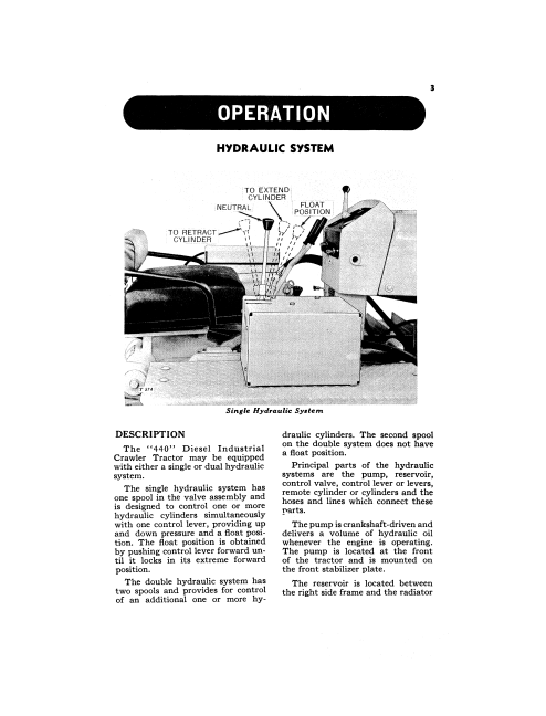 JOHN DEERE HYDRAULIC SYSTEM AND 3 POINT HITCH FOR "440" INDUSTRIAL CRAWLER TRACTOR OPERATOR MANUAL OMT81459