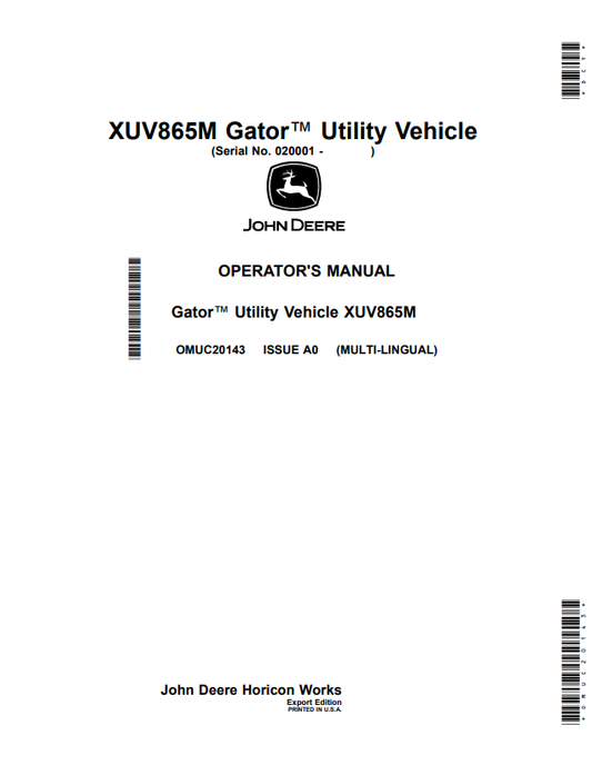 JOHN DEERE XUV865M GATOR™ UTILITY VEHICLE OPERATOR MANUAL OMUC20143