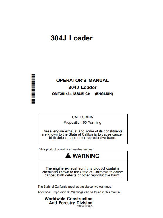 JOHN DEERE 304J LOADER OPERATOR MANUAL OMT251434