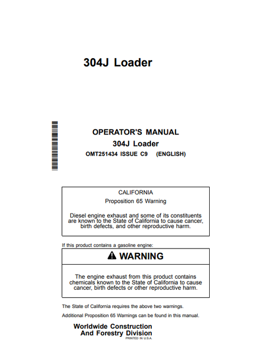 JOHN DEERE 304J LOADER OPERATOR MANUAL OMT251434