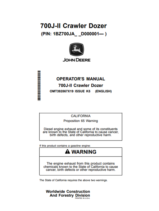 JOHN DEERE 700J-II CRAWLER DOZER OPERATOR MANUAL OMT392867X19