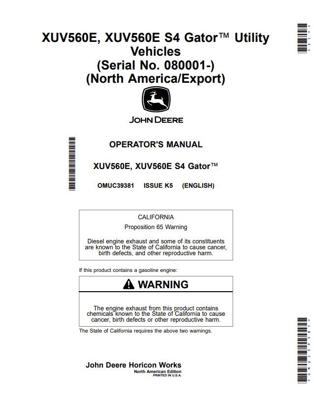 JOHN DEERE XUV560E, XUV560E S4 GATOR™ UTILITY VEHICLES OPERATOR MANUAL OMUC39381