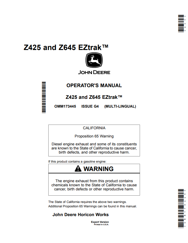 JOHN DEERE Z425 AND Z645 EZTRAK™ OPERATOR MANUAL OMM173445