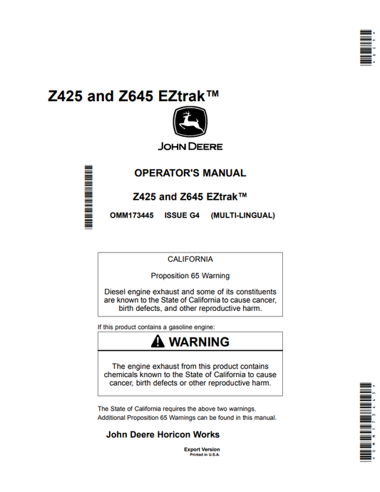 JOHN DEERE Z425 AND Z645 EZTRAK™ OPERATOR MANUAL OMM173445