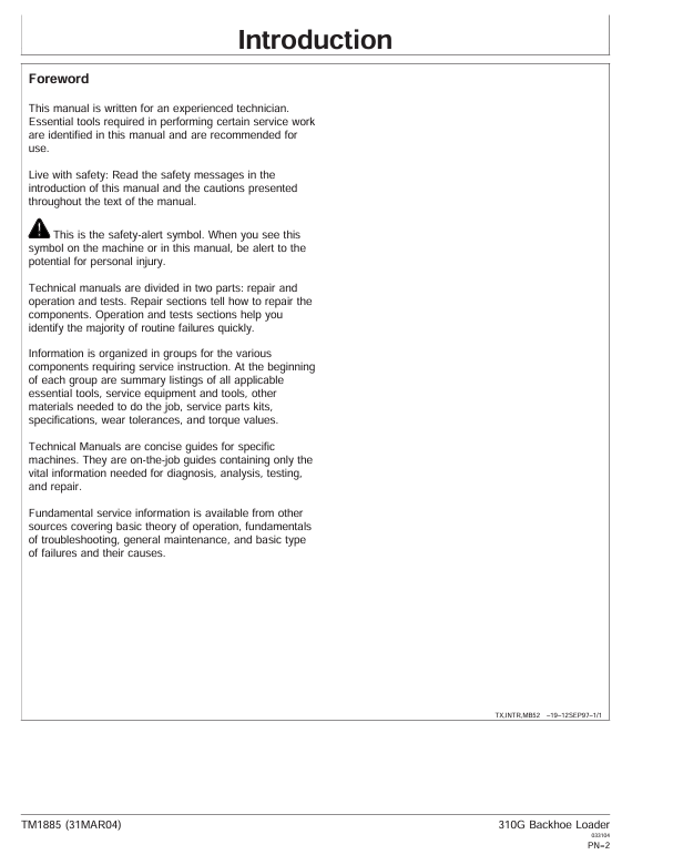 JOHN DEERE 310G BACKHOE LOADER OPERATION, MAINTENANCE & DIAGNOSTIC TEST SERVICE MANUAL TM1885
