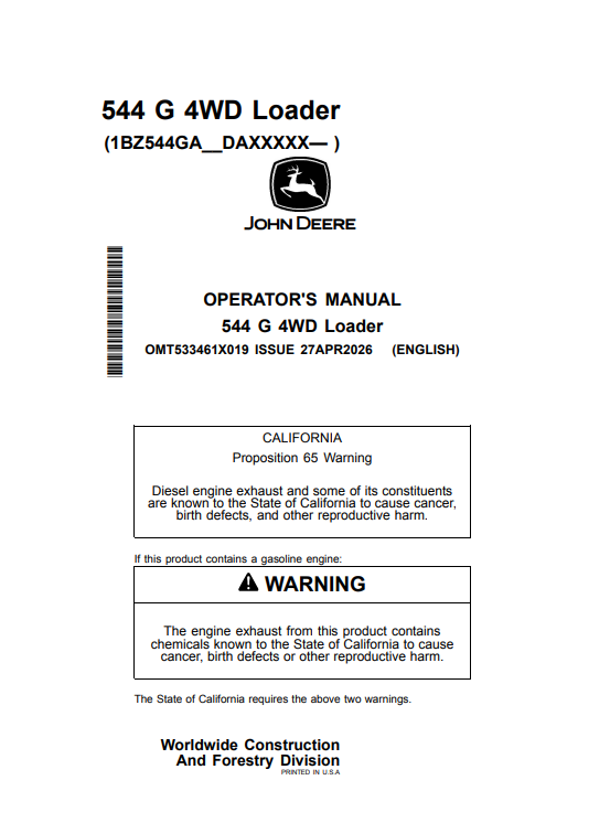 JOHN DEERE 544 G 4WD LOADER OPERATOR MANUAL OMT533461X019