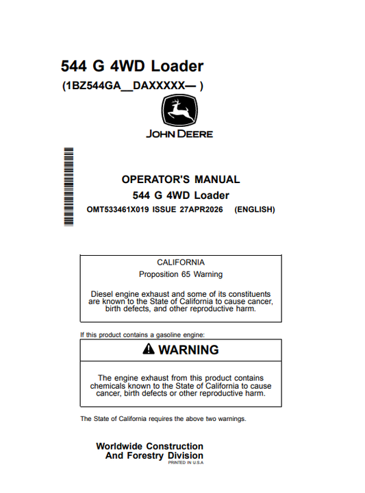 JOHN DEERE 544 G 4WD LOADER OPERATOR MANUAL OMT533461X019