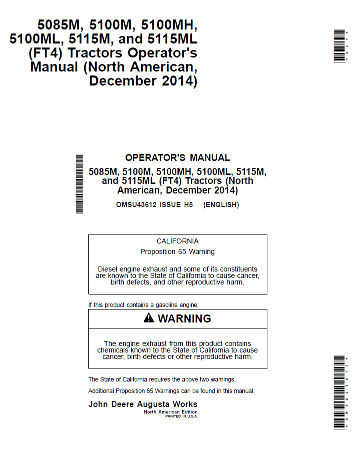 John Deere 5085M, 5100M & 5115M Tractor Operator Manual (OMSU43612)