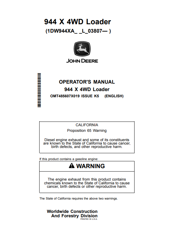 JOHN DEERE 944 X 4WD LOADER OPERATOR MANUAL OMT485607X019