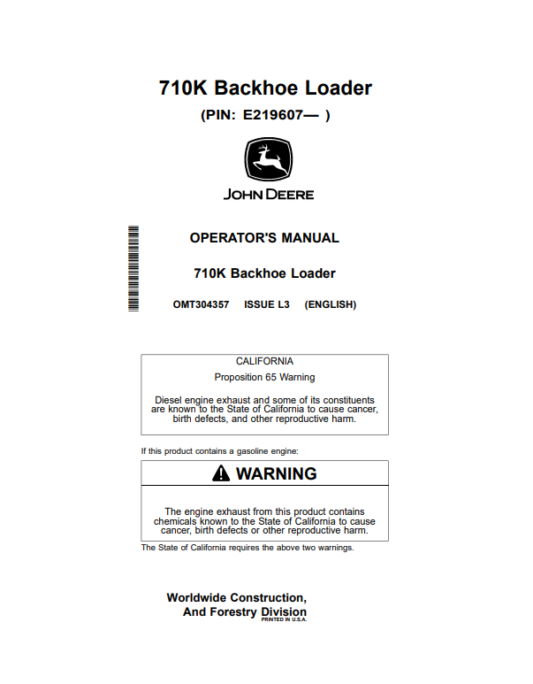JOHN DEERE 710K BACKHOE LOADER OPERATOR MANUAL OMT304357
