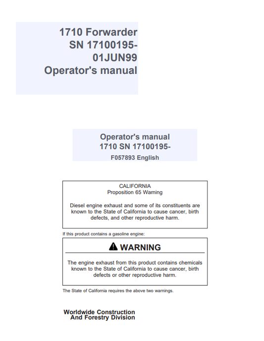 JOHN DEERE 1710 FORWARDER OPERATOR MANUAL F057893