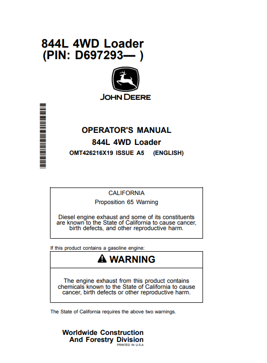 JOHN DEERE 844L 4WD LOADER OPERATOR MANUAL OMT426216X19