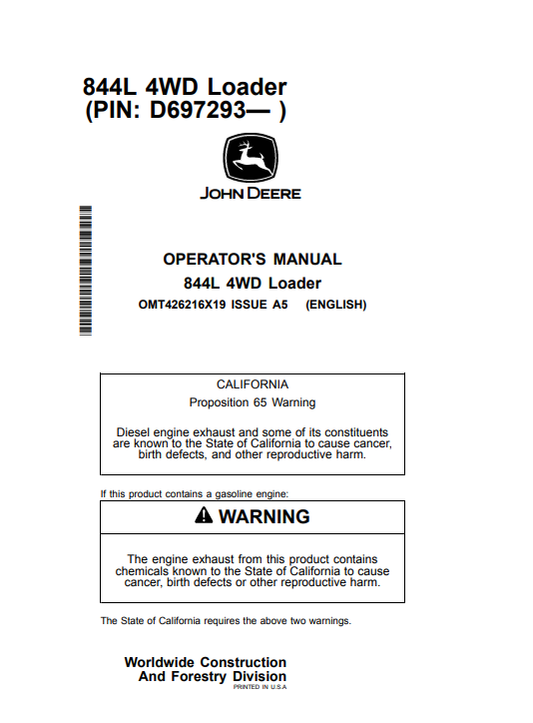 JOHN DEERE 844L 4WD LOADER OPERATOR MANUAL OMT426216X19