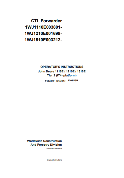 JOHN DEERE 1110E / 1210E / 1510E TIER 2 (IT4- PLATFORM) OPERATOR MANUAL F682270