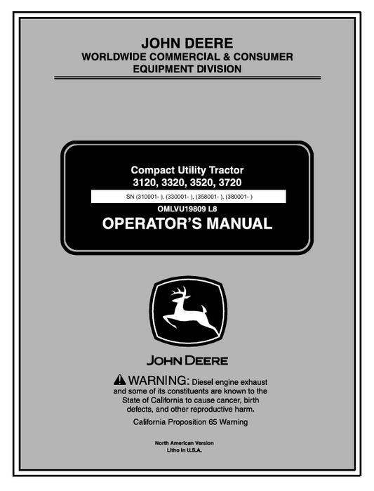 JOHN DEERE 3120, 3320, 3520, 3720 COMPACT UTILITY TRACTOR OPERATOR MANUAL OMLVU19809