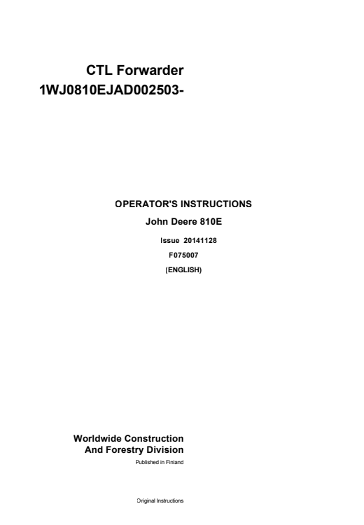 JOHN DEERE 810E OPERATOR INSTRUCTION MANUAL F075007