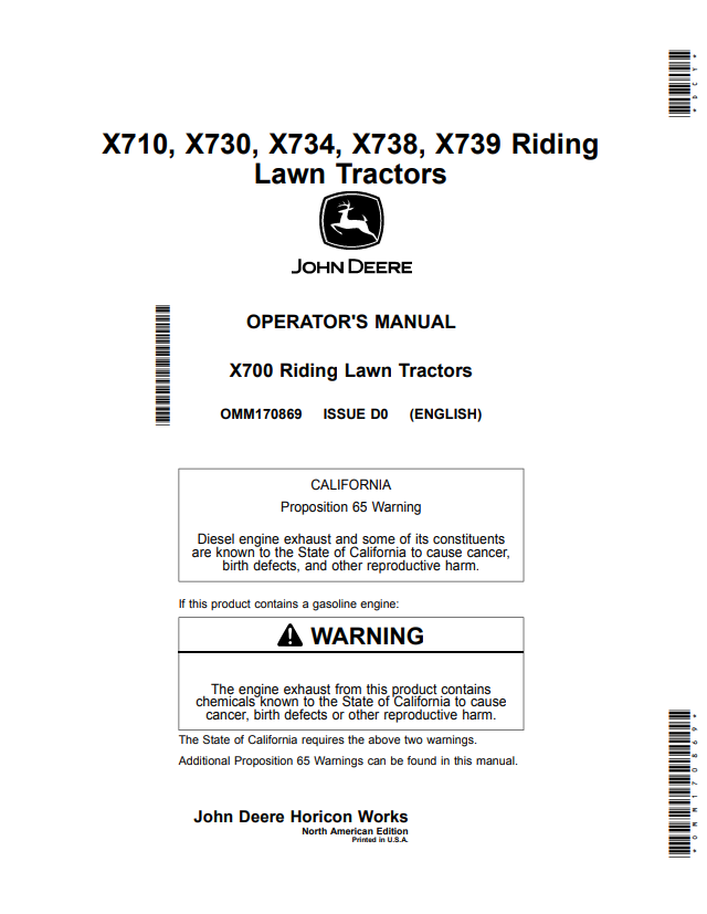 JOHN DEERE X710, X730, X734, X738, X739 RIDING LAWN TRACTOR OPERATOR MANUAL OMM170869