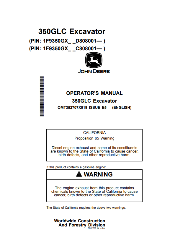 JOHN DEERE 350GLC EXCAVATOR OPERATOR MANUAL OMT352707X019