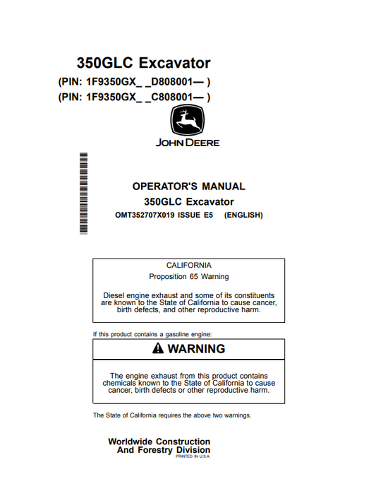 JOHN DEERE 350GLC EXCAVATOR OPERATOR MANUAL OMT352707X019