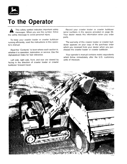 JOHN DEERE 350C CRAWLER LOADER - CRAWLER BULLDOZER OPERATOR MANUAL OMT79469