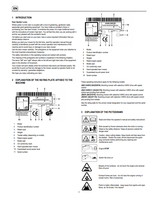 JOHN DEERE JS63 VARIO (SA222019), JS63 VARIO C (SA222119), JS63V (SA227019), JS63V (SA227119) LAWN MOWERS OPERATOR MANUAL SAU16203