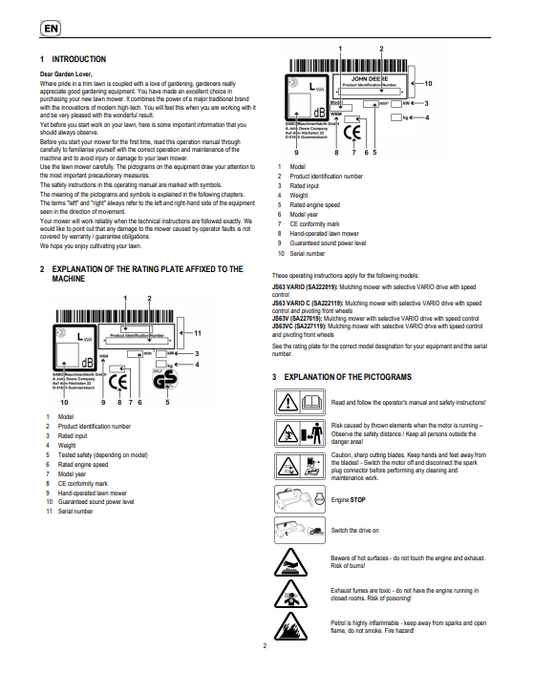 JOHN DEERE JS63 VARIO (SA222019), JS63 VARIO C (SA222119), JS63V (SA227019), JS63V (SA227119) LAWN MOWERS OPERATOR MANUAL SAU16203