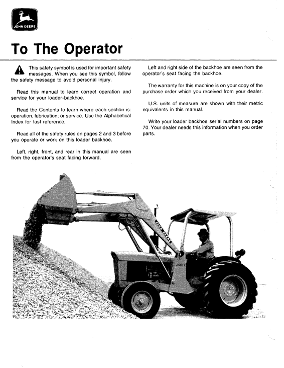 JOHN DEERE 300B BACKHOE LOADER OPERATOR MANUAL OMT79302