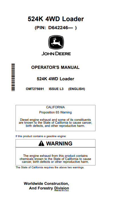 JOHN DEERE 524K 4WD LOADER OPERATOR MANUAL OMT275691