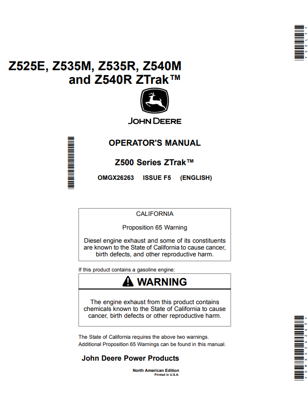 JOHN DEERE Z525E, Z535M, Z535R, Z540M AND Z540R, Z500 SERIES ZTRAK™ OPERATOR MANUAL OMGX26263