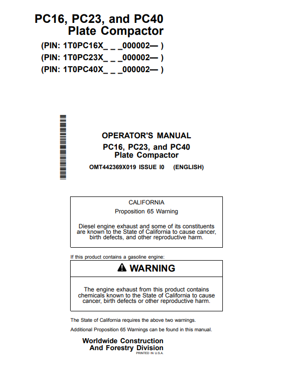 JOHN DEERE PC16, PC23, AND PC40 PLATE COMPACTOR OPERATOR MANUAL OMT442369X019