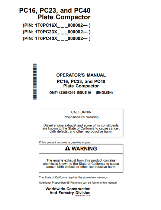 JOHN DEERE PC16, PC23, AND PC40 PLATE COMPACTOR OPERATOR MANUAL OMT442369X019
