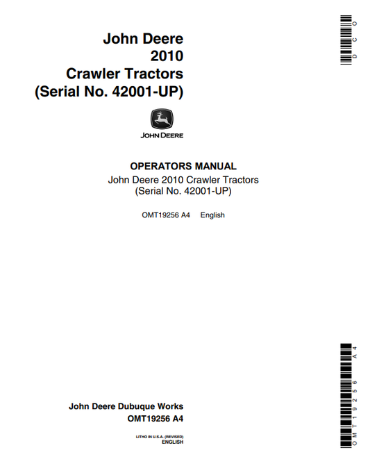 JOHN DEERE 2010 CRAWLER TRACTOR OPERATOR MANUAL OMT19256
