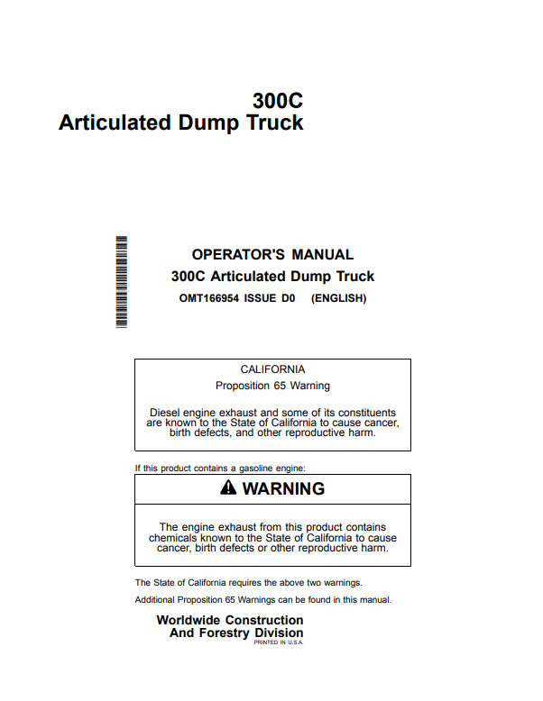 JOHN DEERE 300C ARTICULATED DUMP TRUCK OPERATOR MANUAL OMT166954