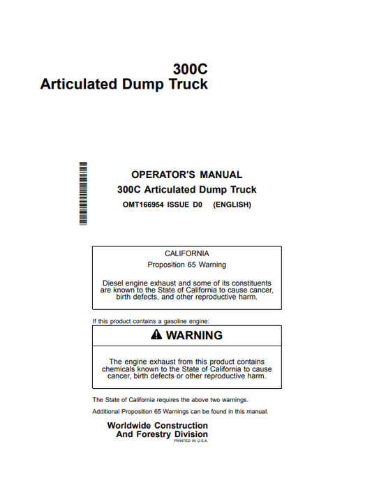 JOHN DEERE 300C ARTICULATED DUMP TRUCK OPERATOR MANUAL OMT166954