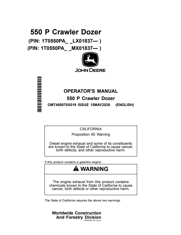 JOHN DEERE 550 P CRAWLER DOZER OPERATOR MANUAL OMT480070X019
